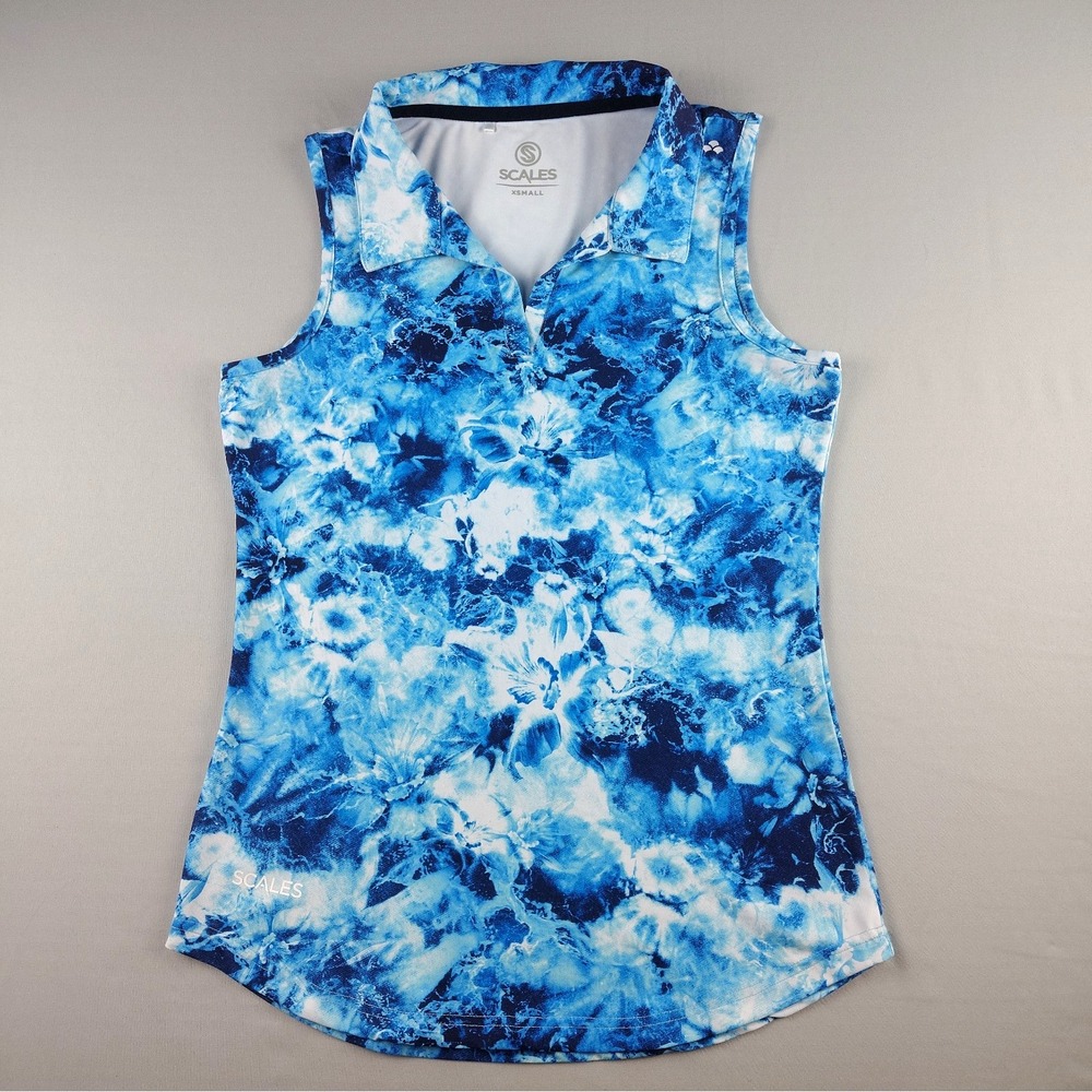 Scales Sleeveless Polo Shirt Womens XS Blue Flower Tides Performance Fishing